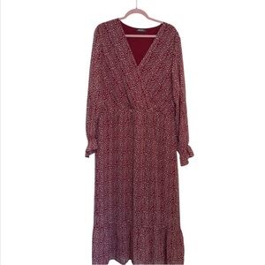BTFBM -Women’s Maxi Dress Long Sleeve V-Neck Wine Red Abstract Print Size XXL